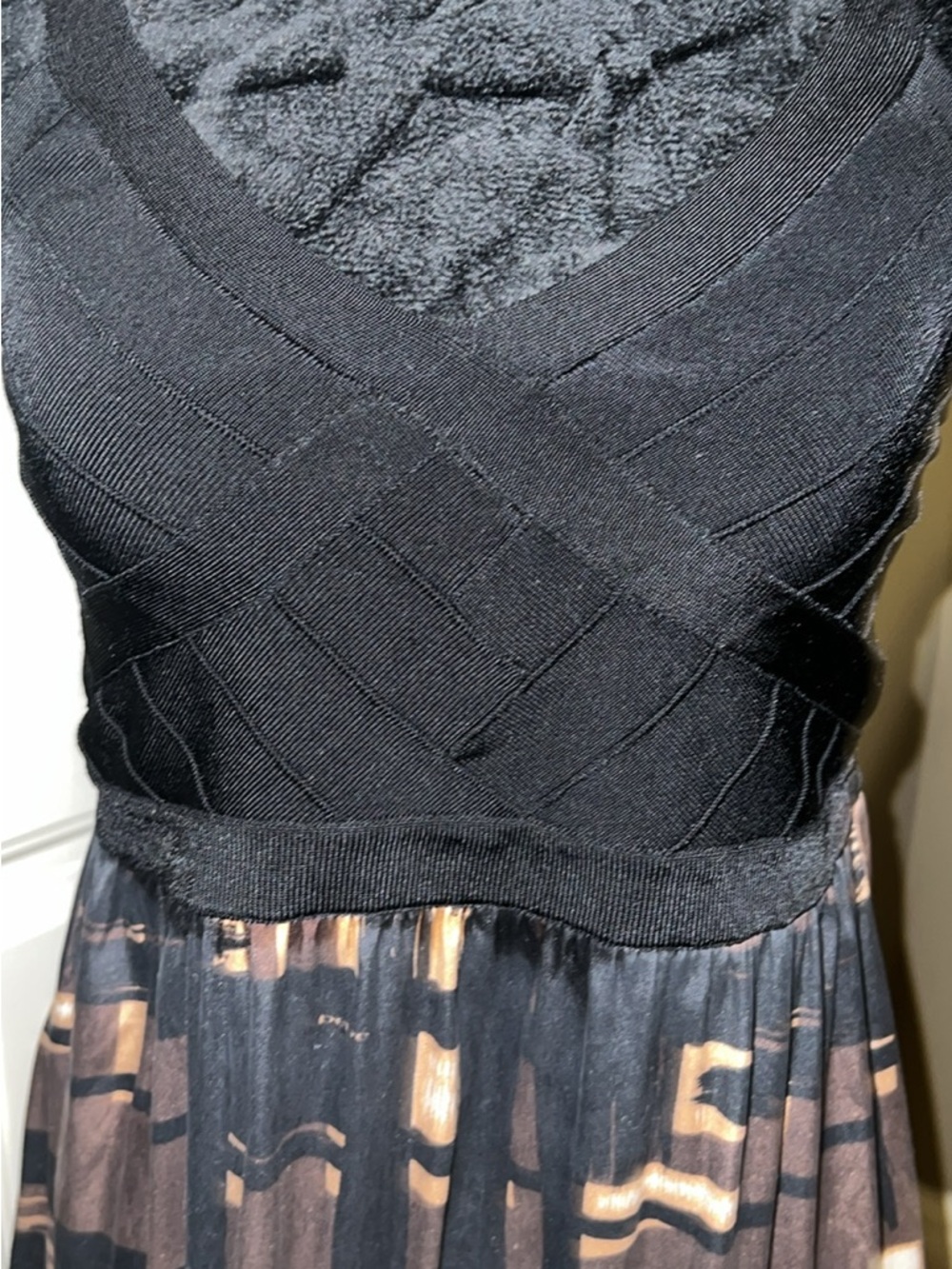 bebe Black Dress with Metallic Bronze and Gold Grid Skirt